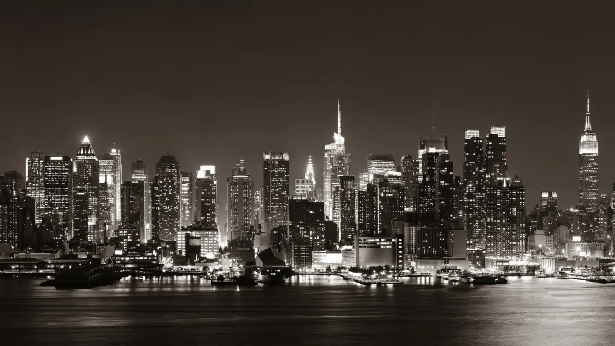 Midtown Manhattan skyline in black and whit.