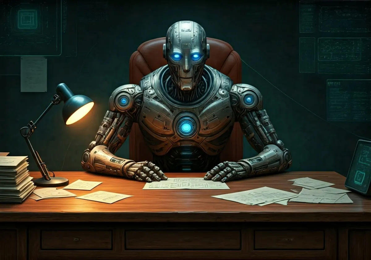 robot sitting at desk woking on marketing strategies