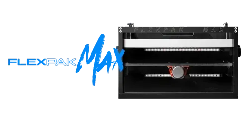 Blue FlexPak Max logo on left side of pre-roll machine for cannabis and CBD production