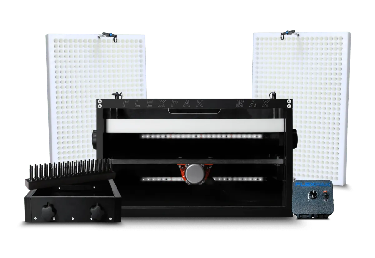 FlexPak Premium Pre-Roll Machine Package with setup box, joint closer, two cone plates, and motor controller for high-output production