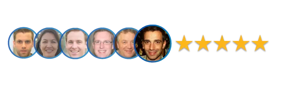 Six client photos in circle frames with five gold stars representing FlexPak five-star customer reviews