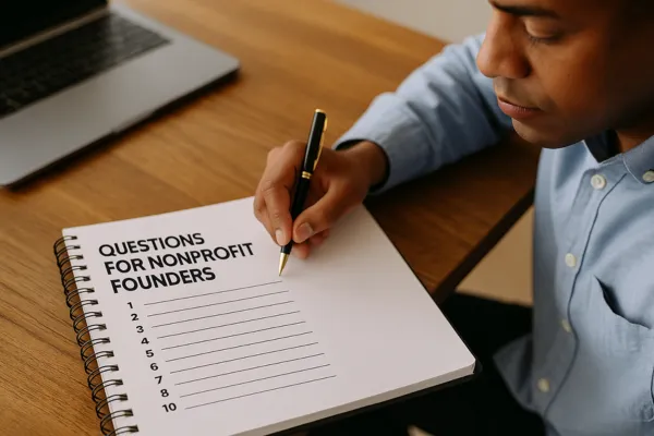 A close-up of a person sitting at a wooden desk writing in a spiral notebook titled “Questions for Nonprofit Founders,” which shows a numbered list from 1 to 10. A laptop is partially visible on the desk beside them.