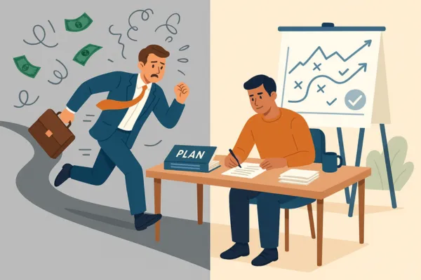 A split illustration showing two contrasting scenes: on the left, a stressed businessman in a suit runs while holding a briefcase as money flies around him; on the right, a calm man sits at a desk writing next to a stack of books labeled “Plan,” with a presentation board behind him displaying charts and checkmarks.
