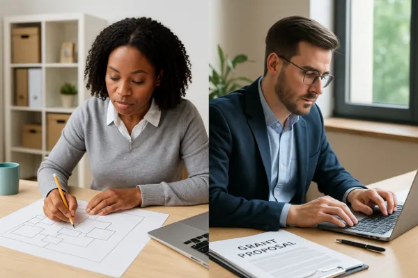 A split image showing two professionals working at desks: on the left, a woman sketches a structured diagram on paper beside a laptop; on the right, a man types on a laptop with a document labeled “Grant Proposal” visible on the desk.