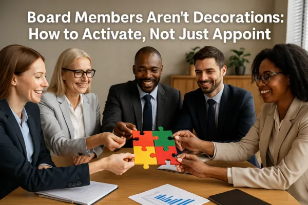 Five diverse professionals in business attire sit around a conference table smiling as they fit together colorful puzzle pieces, symbolizing teamwork and collaboration. Text at the top reads, “Board Members Aren’t Decorations: How to Activate, Not Just Appoint.”
