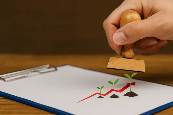 A close-up of a hand holding a wooden stamp above a clipboard with a paper showing a red upward growth arrow and three small seedlings sprouting from soil, symbolizing approval and organizational growth.