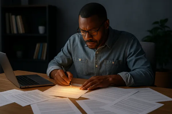 A man wearing glasses sits at a desk at night reviewing and signing documents under a focused desk light, with multiple paper