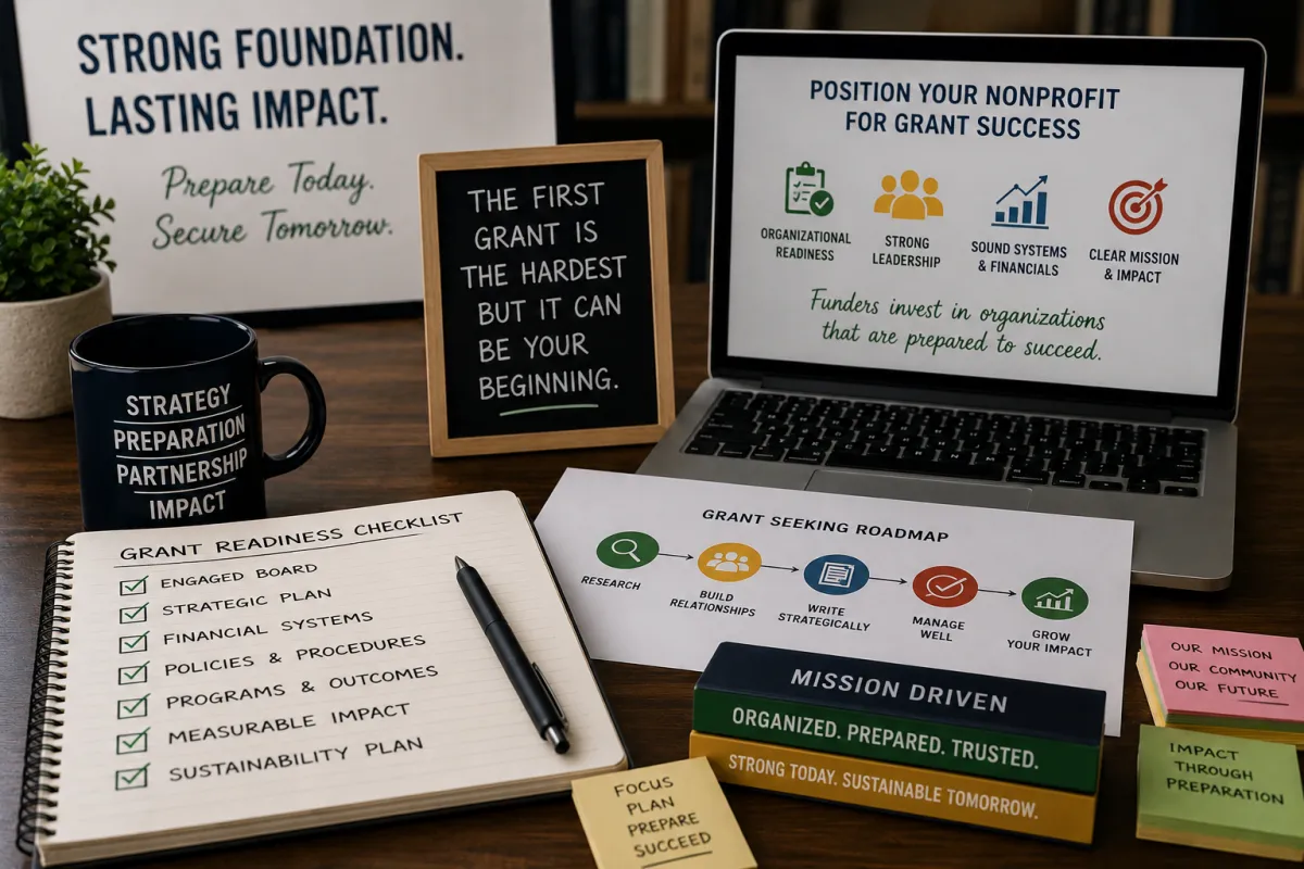 onprofit grant readiness workspace featuring a laptop with organizational readiness and grant success strategies, a grant readiness checklist, grant-seeking roadmap, and planning materials emphasizing strong leadership, financial systems, measurable impact, and preparation for funding.