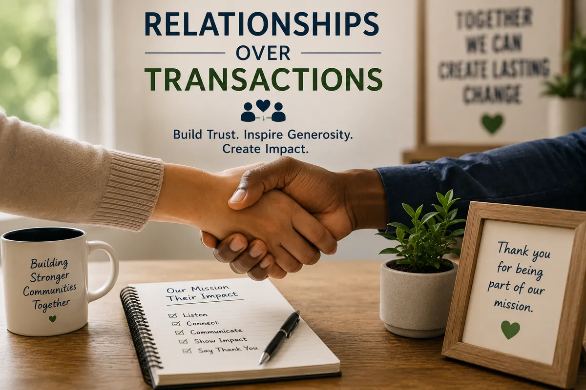 Two people shaking hands beneath the message “Relationships Over Transactions,” representing nonprofit relationship building, trust, generosity, community connection, and mission-driven impact.