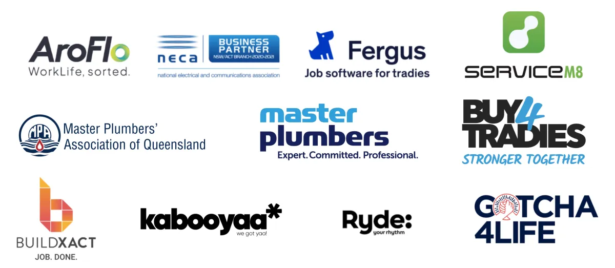 Logos of trade industry partners aligned with Lifestyle Tradie, including AroFlo, NECA, Fergus, ServiceM8, Master Plumbers, Buy4Tradies, Buildxact, KabooYaa, Ryde, and Gotcha4Life