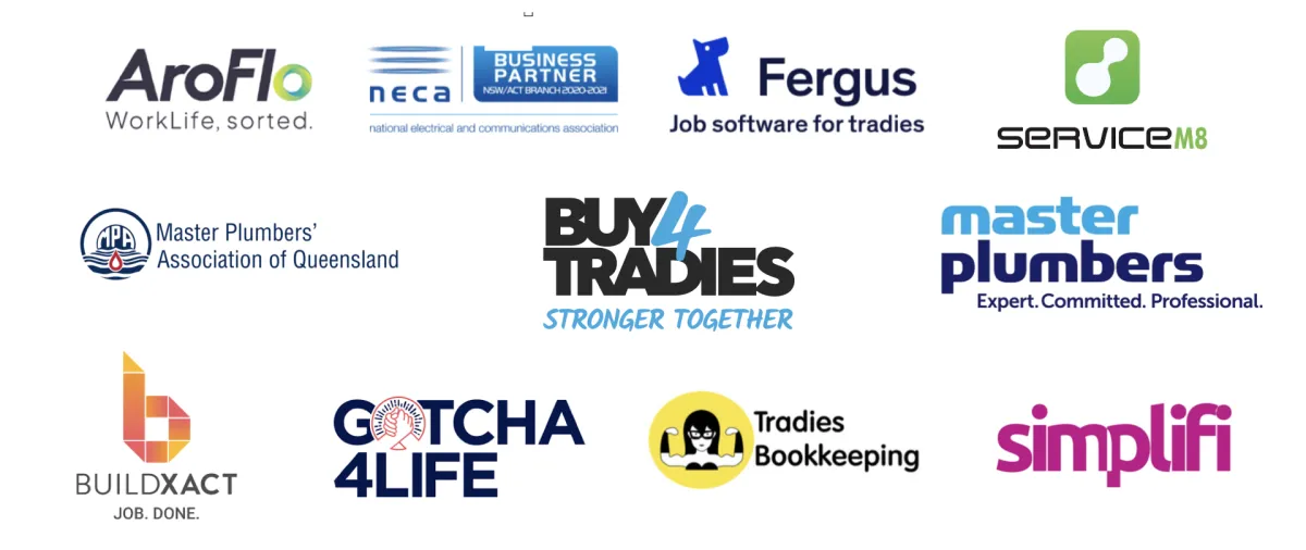Logos of trade industry partners aligned with Lifestyle Tradie, including AroFlo, NECA, Fergus, ServiceM8, Master Plumbers, Buy4Tradies, Buildxact, KabooYaa, Ryde, and Gotcha4Life