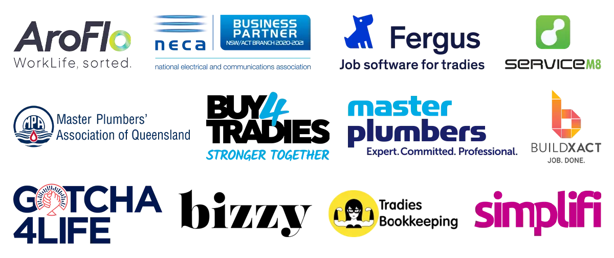 Logos of trade industry partners aligned with Lifestyle Tradie, including AroFlo, NECA, Fergus, ServiceM8, Master Plumbers, Buy4Tradies, Buildxact, KabooYaa, Ryde, and Gotcha4Life