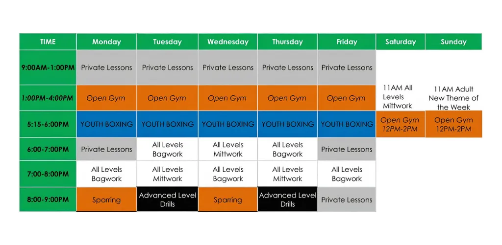 Slick Sluggers Boxing Weekly Training Schedule
