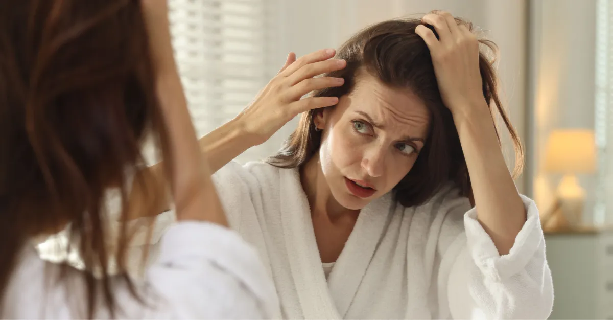 Woman checking hair thinning in the mirror, concerned about hair loss and scalp health
