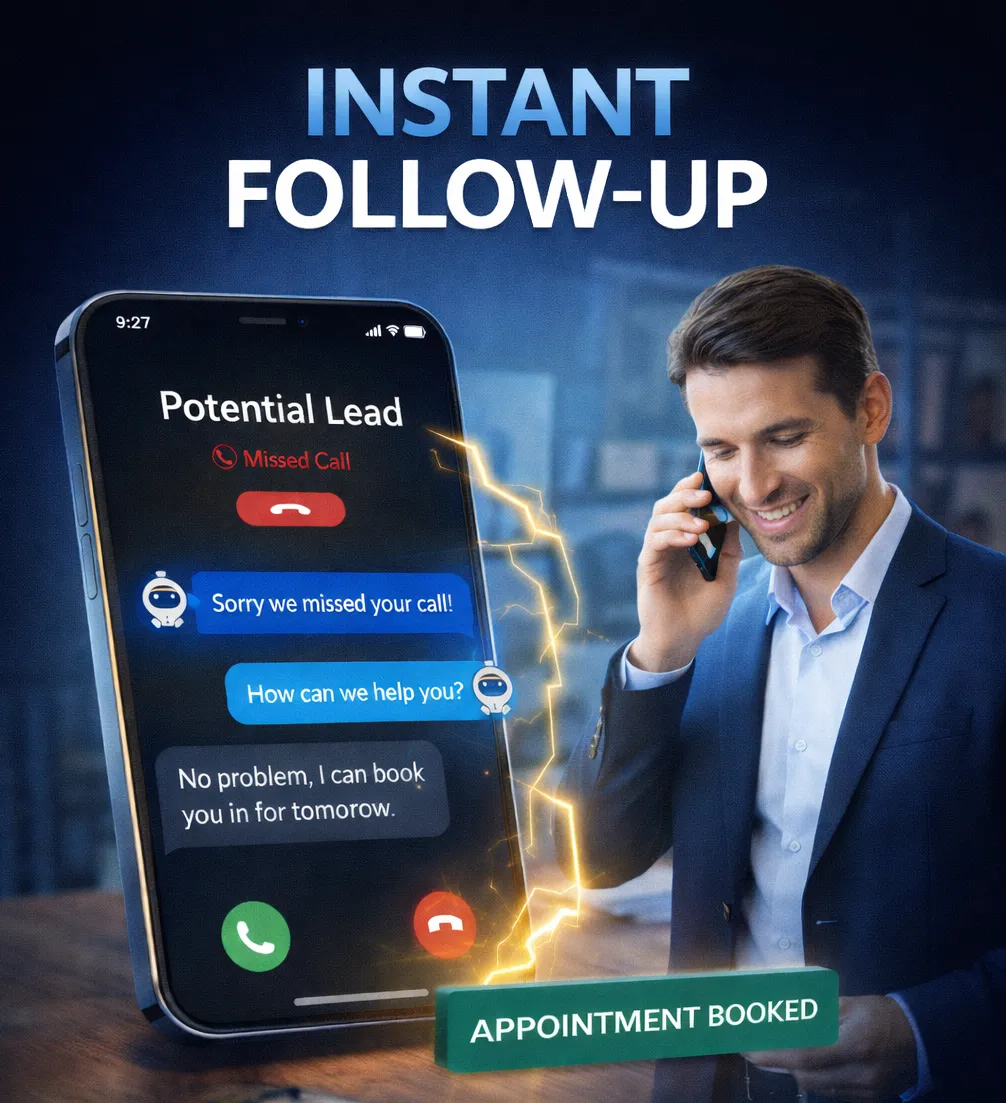 Man smiling while on the phone, with a smartphone displaying missed call notifications and automated follow-up messages, emphasizing instant lead follow-up and appointment booking.