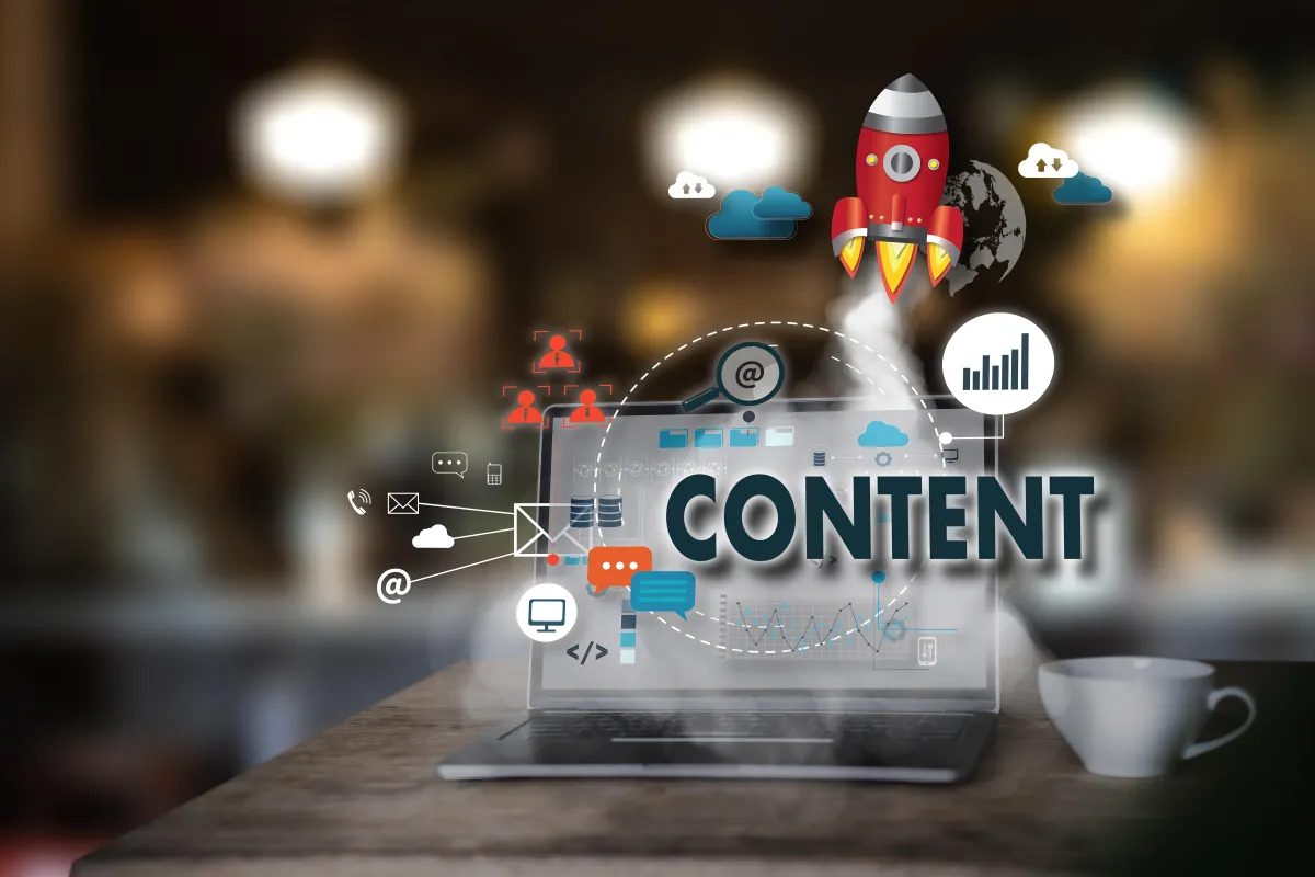 Laptop displaying digital marketing concepts with the word "CONTENT," surrounded by icons representing communication, analytics, and automation, symbolizing lead capture and engagement strategies for local businesses.