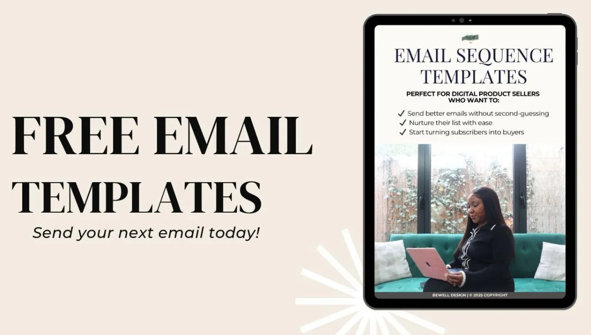 Black woman using a pink laptop while working from home with headline text promoting free email templates for digital product sellers