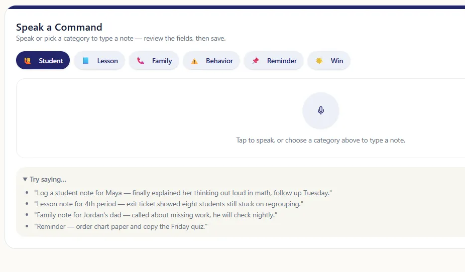 Speak a Command voice-first capture UI
