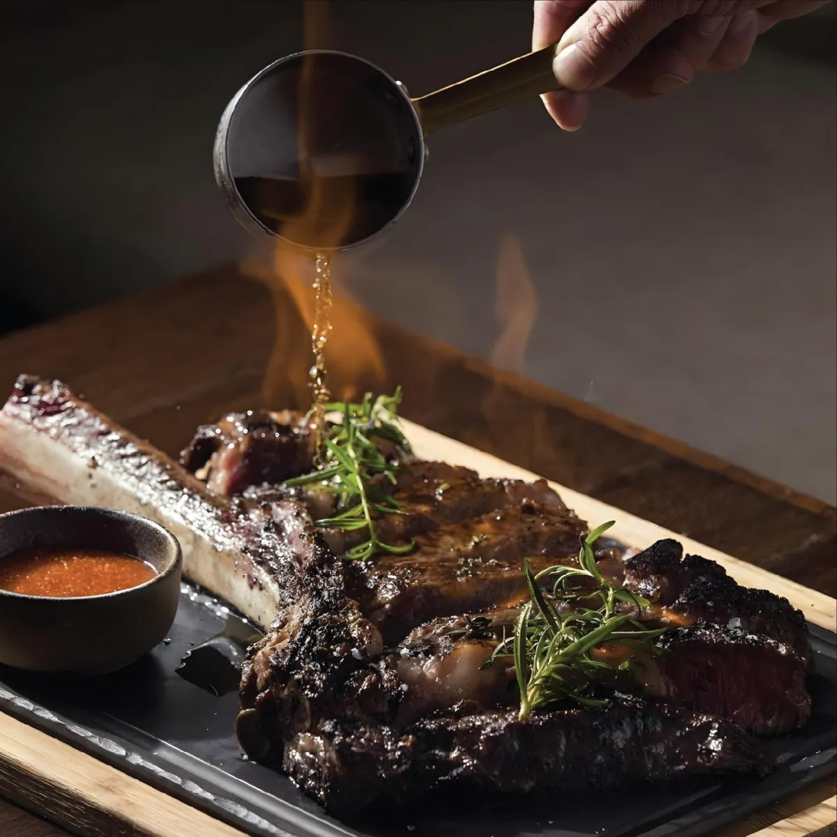 A live performance of Flaming VSOP on a tomahawk steak, showcasing R Italian's blend of tradition and innovation.