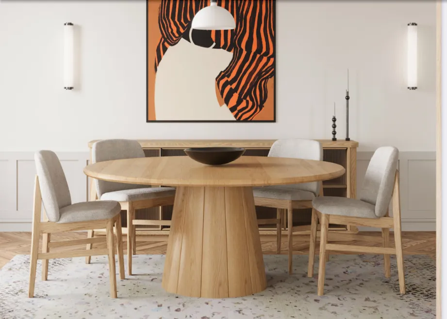 A timber dining table accompanied by 5 chairs