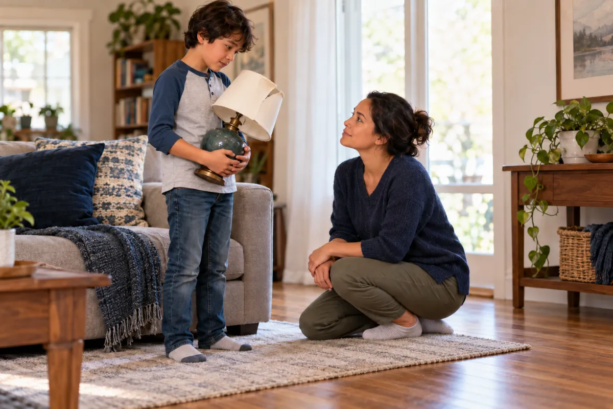 Boy holding a damaged lamp while his mother kneels and listens calmly