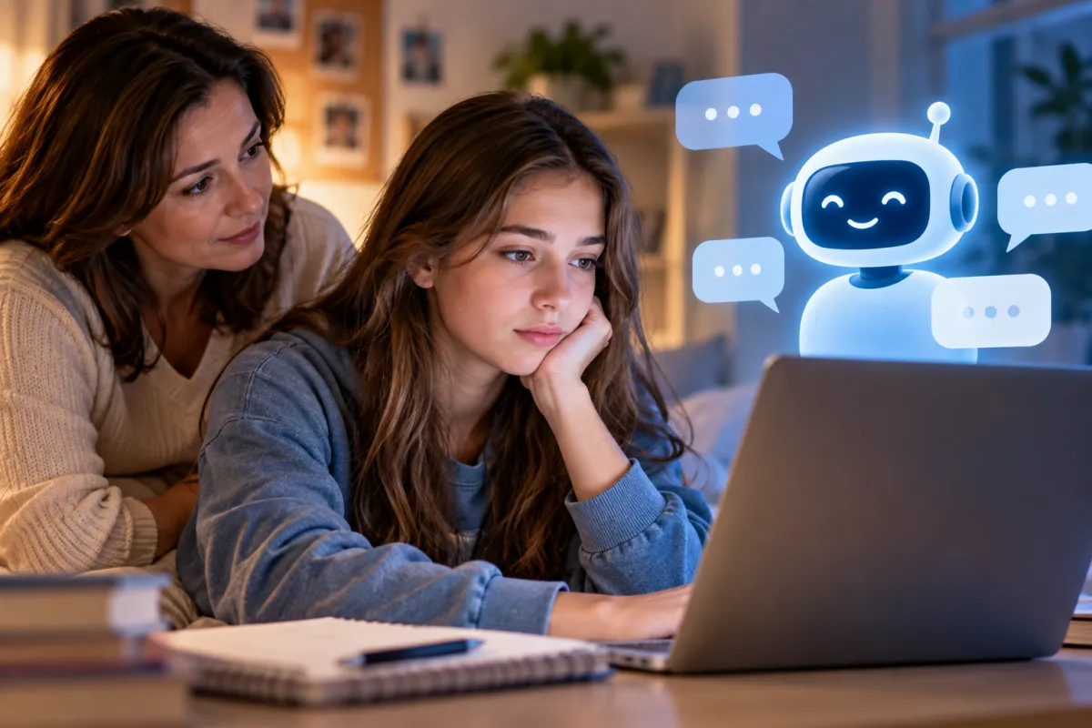A teenage girl uses an AI chatbot on her laptop while her mother watches supportively, highlighting the importance of parental guidance and real human connections in the digital age.
