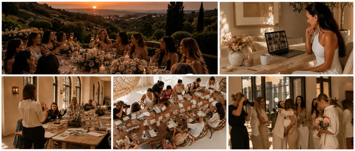 Women gathering and celebrating around tables