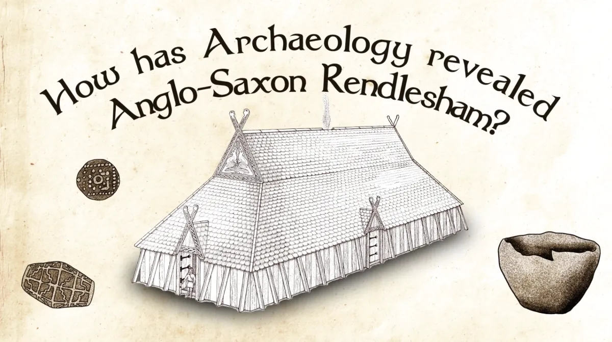 An artists impression drawing of an ancient anglo-saxon hall made of wood and thatching, surrounded by old artifacts of a anglo-saxon sceatta coin and a ceramic pot.