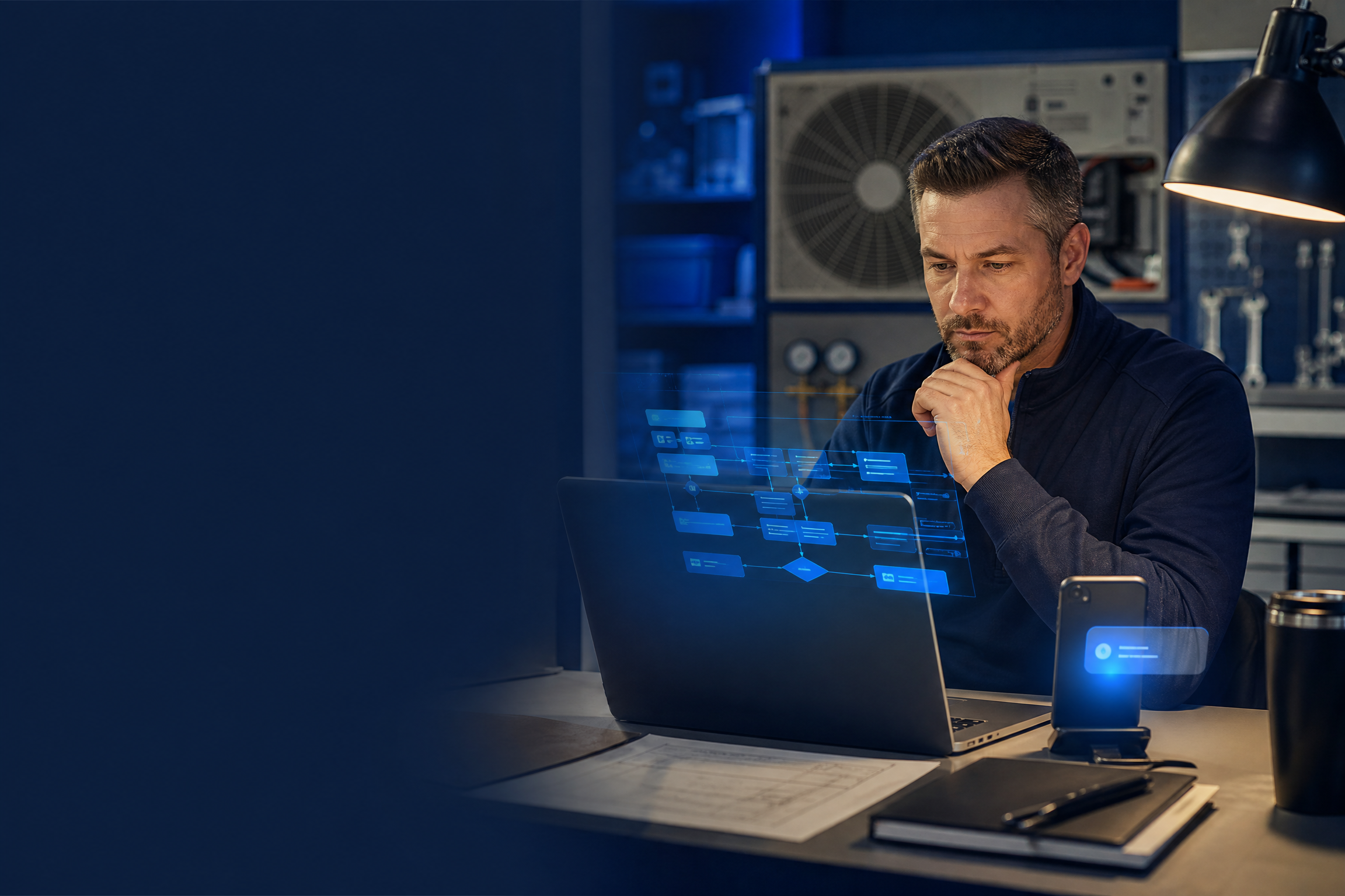 HVAC owner reviewing CRM and follow-up system dashboard