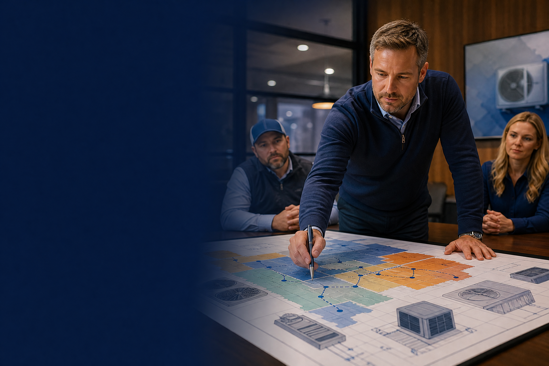 HVAC owner reviewing a $5M marketing plan dashboard