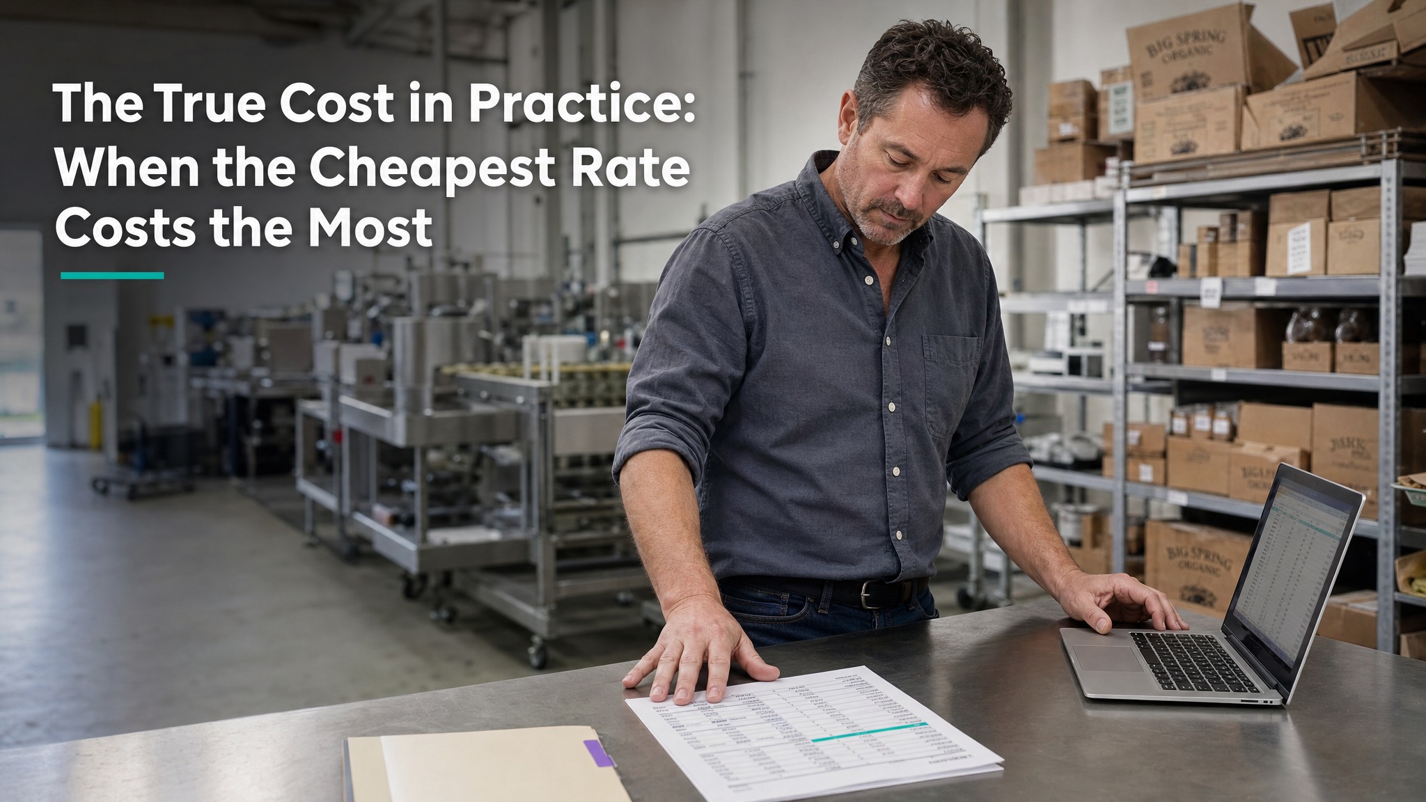 A business owner reviews a printed financing cost comparison beside a laptop at a specialty food production facility, beneath the title The True Cost in Practice: When the Cheapest Rate Costs the Most.