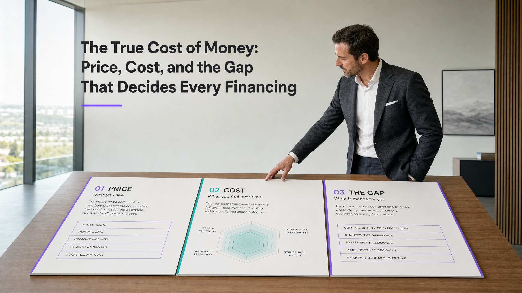 An advisor reviews three connected panels representing a unified capital framework, beneath the title The True Cost of Money: Price, Cost, and the Gap That Decides Every Financing.