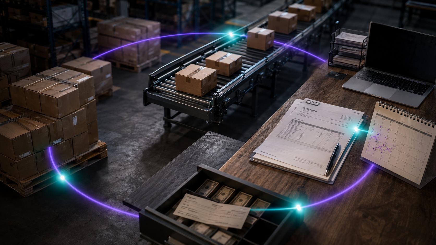 Circular warehouse-to-invoice-to-cash flow in purple and teal, illustrating the cash conversion cycle