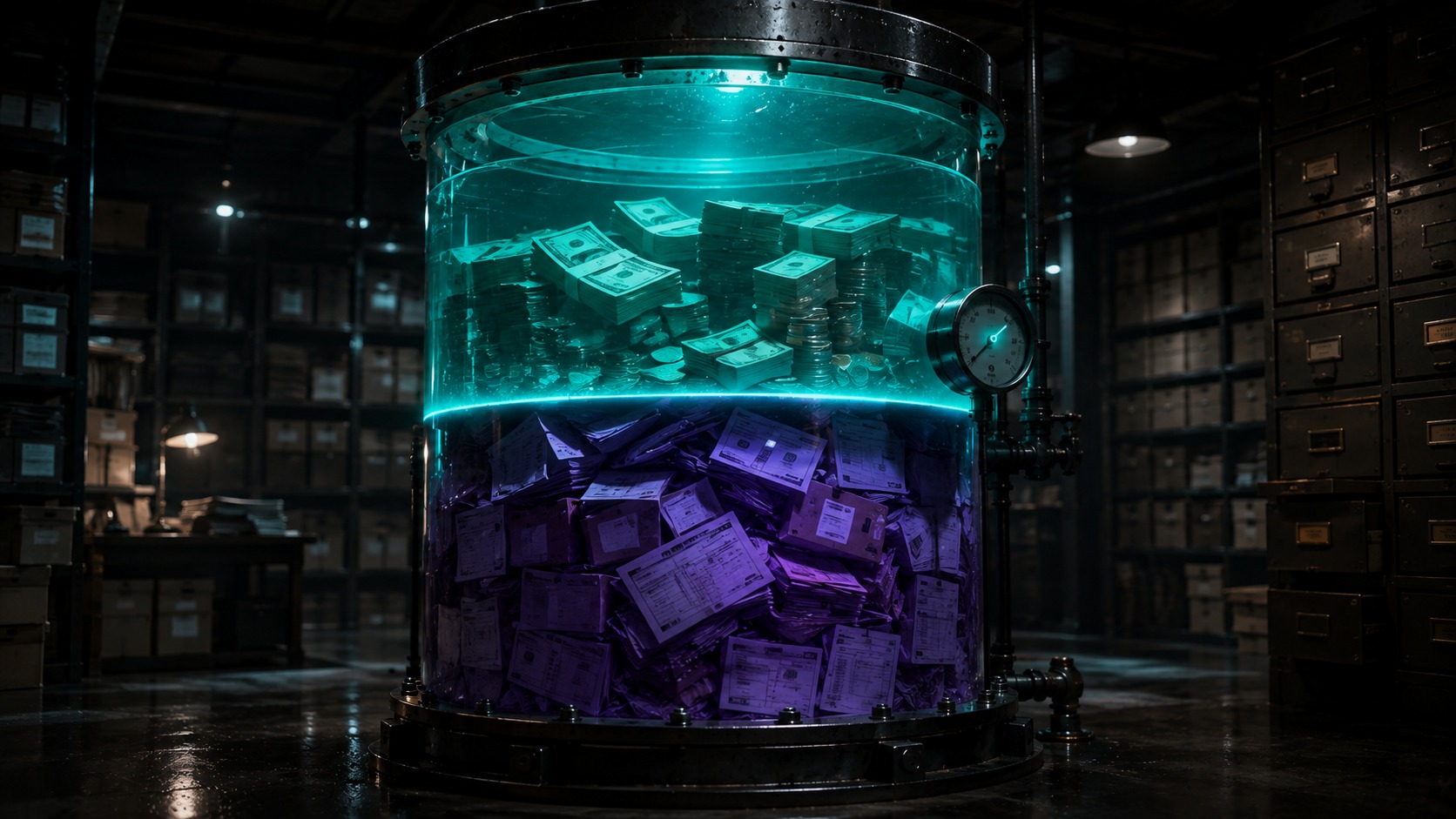 A glass reservoir tank divided into two layers, glowing cash and coins floating on top, dense stacks of invoices and inventory boxes settled below, illustrating the difference between liquid and illiquid net working capital.
