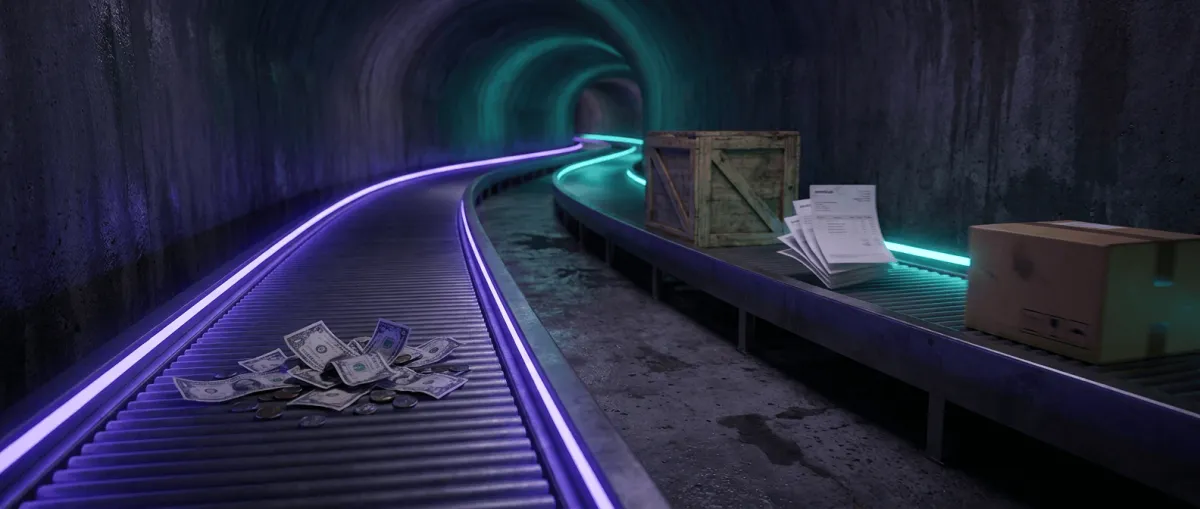A circular track surrounding a glowing chasm between a glass reservoir of cash and coins and a rising stack of inventory crates and invoices, illustrating the funding gap where an operating cycle's requirement outpaces a business's capacity