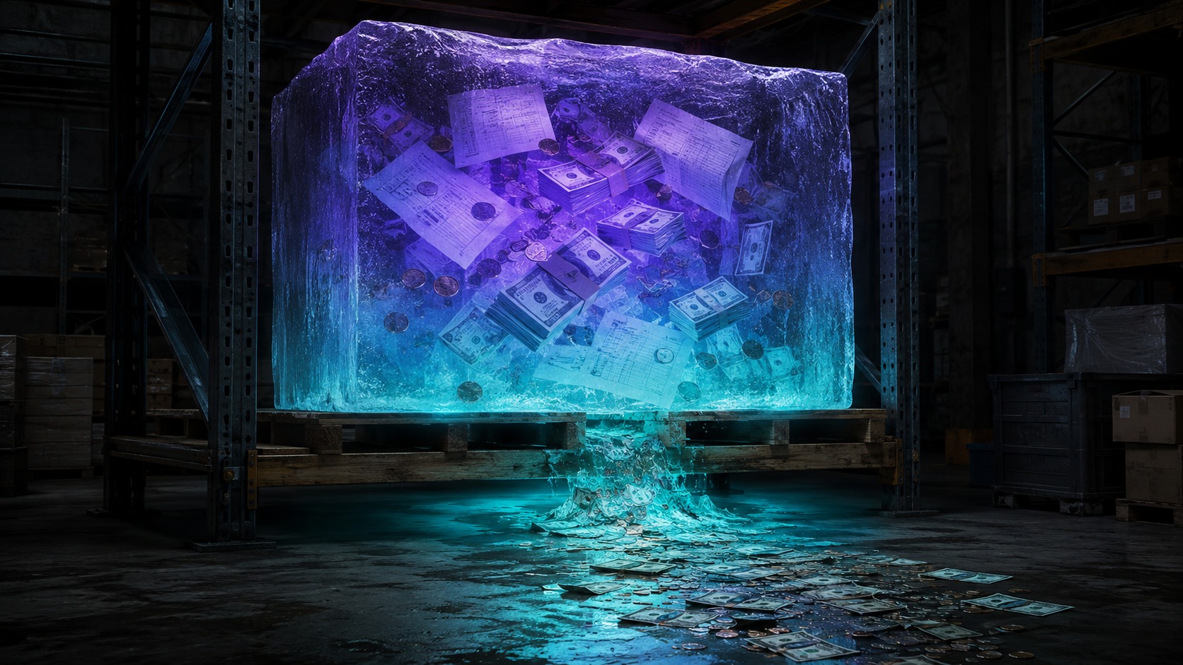 A block of ice on a warehouse shelf with cash, coins, and invoices frozen inside it, above a small pool of cash flowing freely on the floor below, illustrating the difference between trapped and reachable working capital