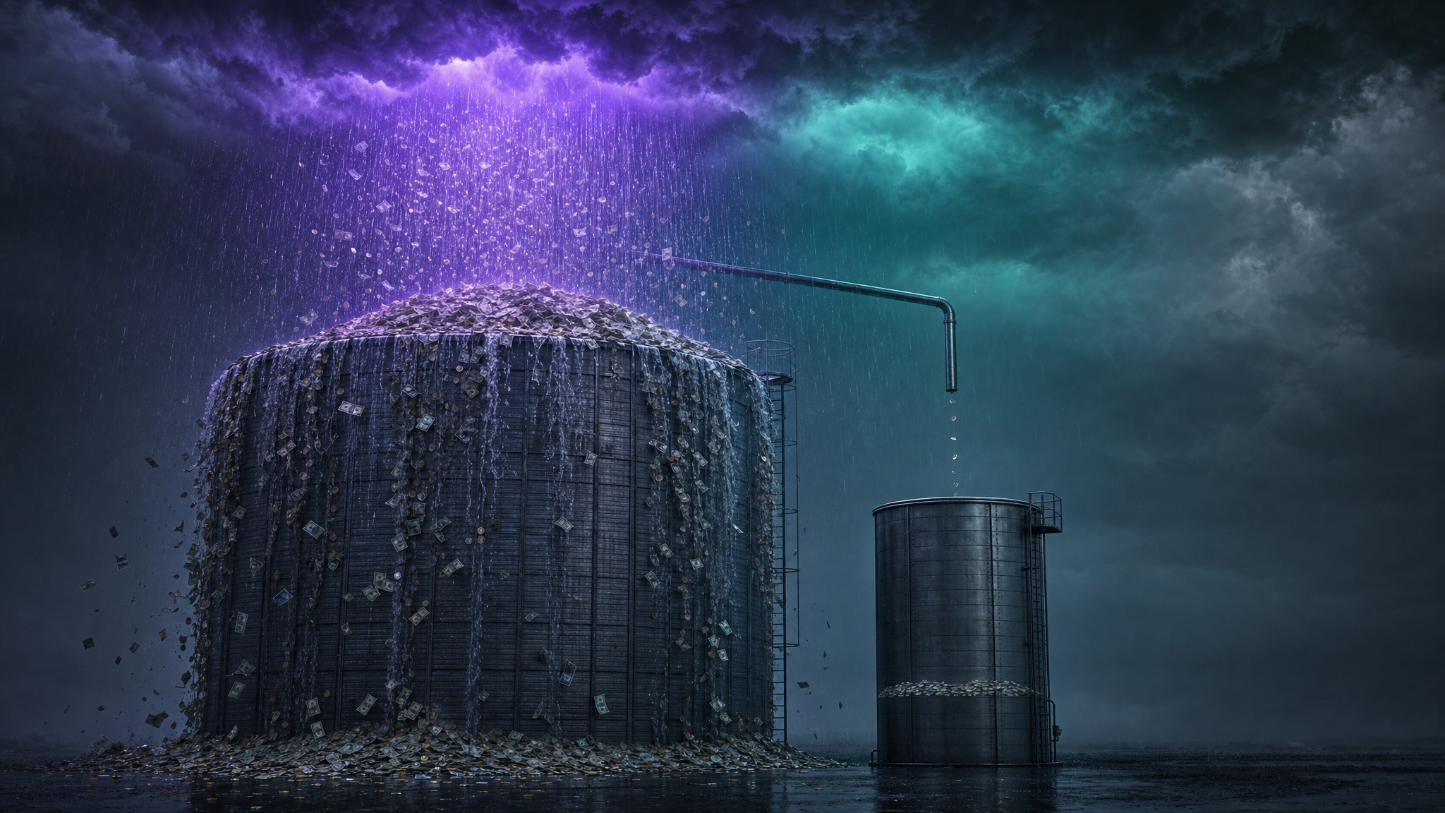 A storm of rain mixed with cash pours into a tall silo that's already overflowing, beside a narrow tank filling slowly from a single dripping pipe, illustrating how a business's requirement can rise fast under outside pressure while its capacity builds only slowly.