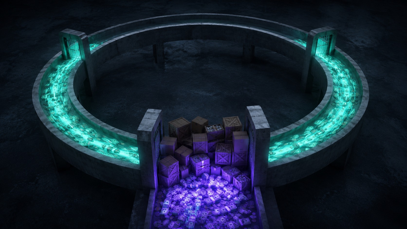 An elevated view of a circular track with three checkpoint gates, one jammed with crates and boxes backing up a pool of cash, the other two flowing freely, illustrating how to find which leg of a business's cash conversion cycle is actually holding capital captive