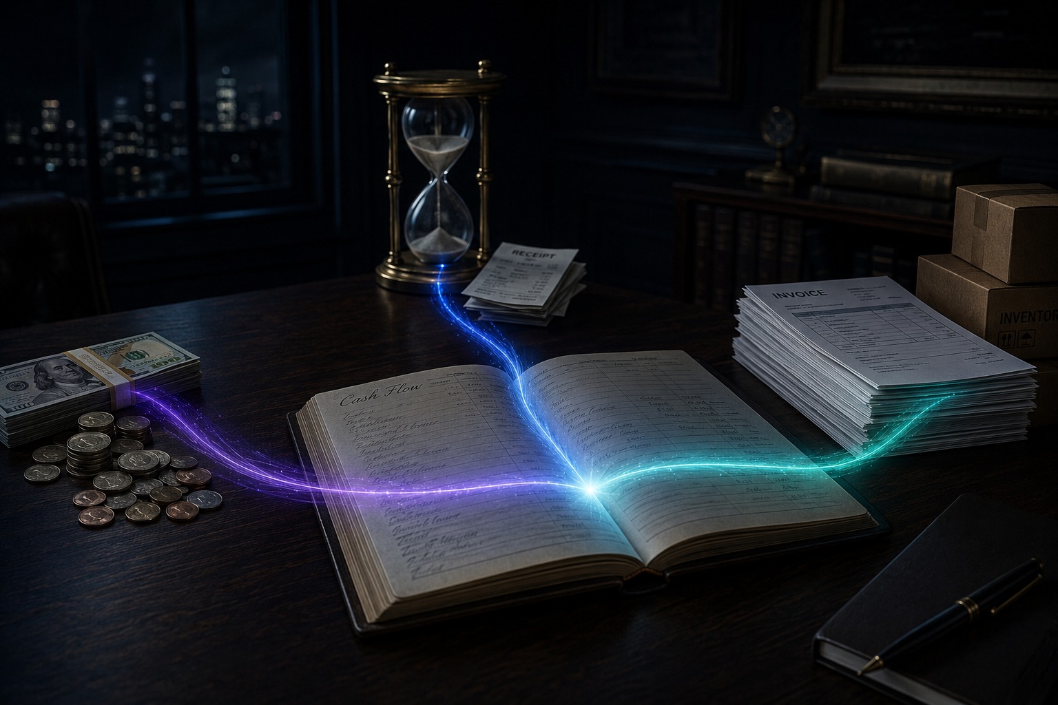 A glowing purple-to-teal light trail connects cash, invoices, and an hourglass to an open ledger, illustrating how capacity, requirement, and speed converge into one reading of a business.
