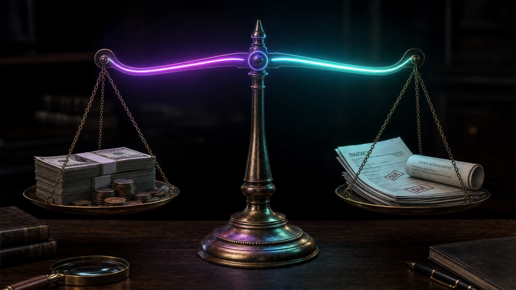 A glowing purple-to-teal light trail traces the beam of an antique balance scale weighing cash and coins against invoices and a loan document, illustrating how a business's assets are weighed against its liabilities on the balance sheet.
