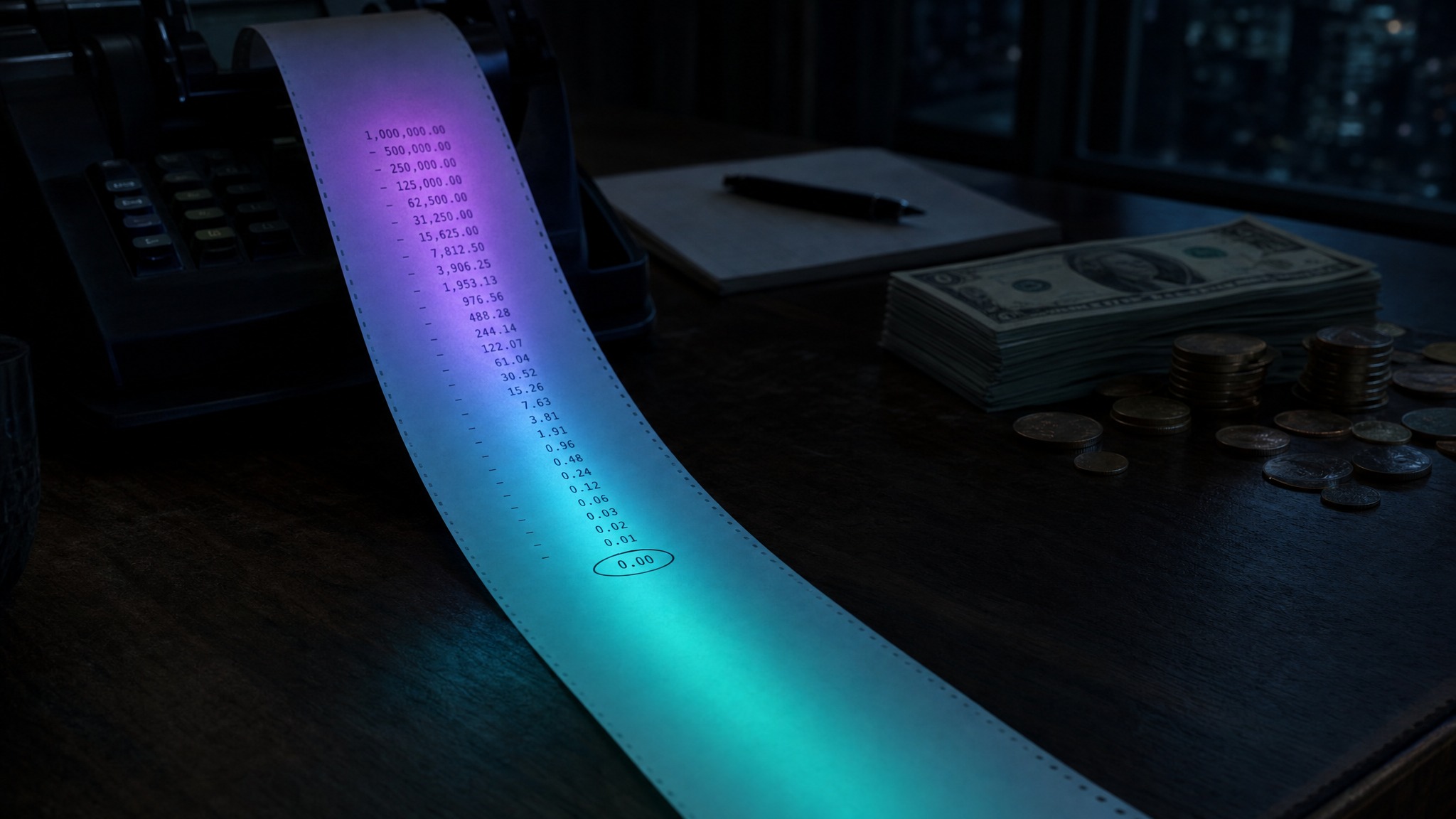 A glowing purple-to-teal light trail follows a cascading column of figures down a strip of ledger tape while a separate stack of cash sits untouched in shadow, illustrating why profit on the income statement is not the same as cash in the bank.