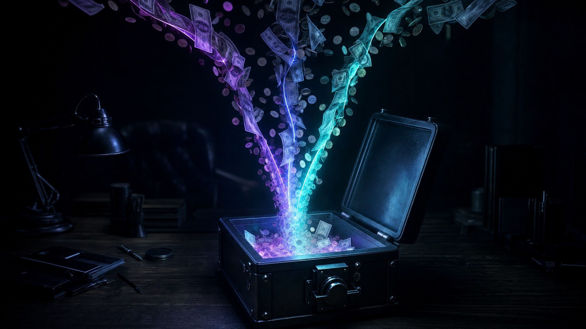 A glowing purple-to-teal light trail follows three separate streams of cash and coins converging into an open strongbox, illustrating how operating, investing, and financing activities combine into the actual change in a business's cash.