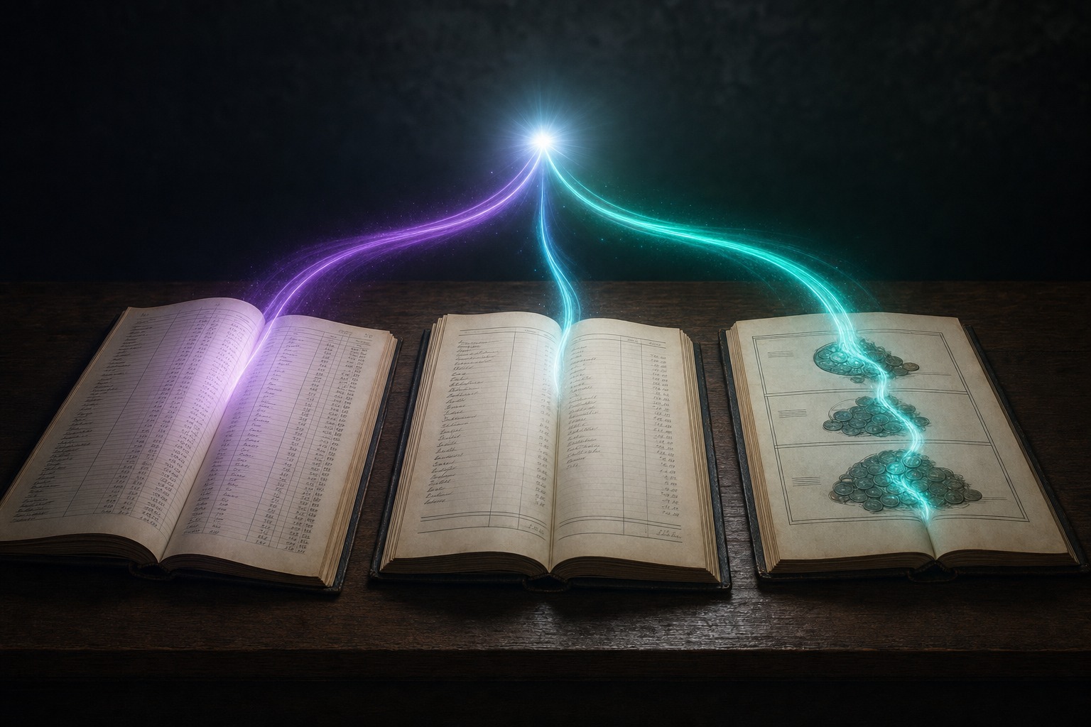 glowing purple-to-teal light trail threads through three separate open ledgers, a balance sheet, an income statement, and a cash flow statement, converging them into one illuminated reading, illustrating how the three financial statements interlock into a single story of a business.