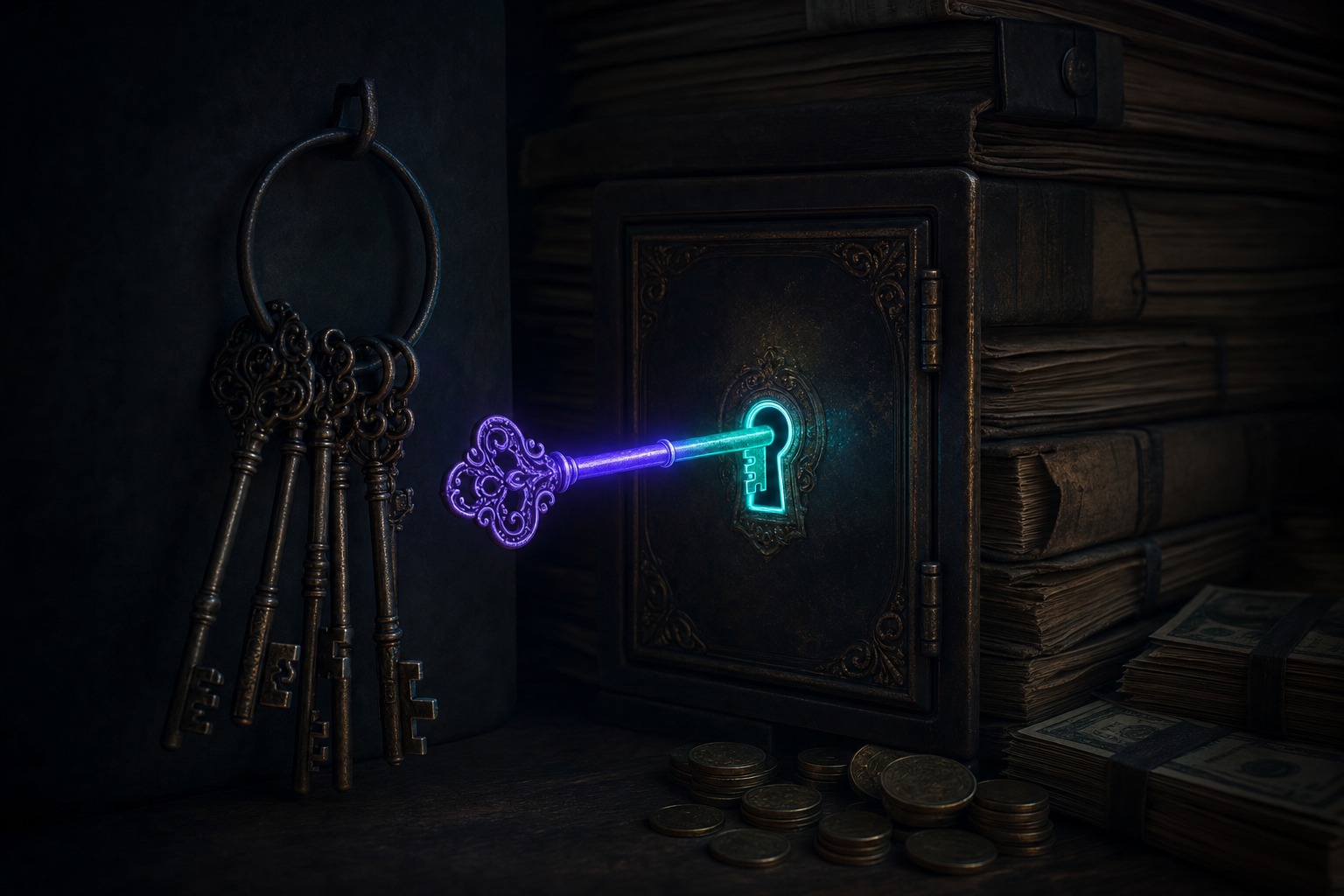 A glowing purple-to-teal key aligns with and turns in the lock of a small safe surrounded by ledgers and cash, illustrating how capital matched by shape and duration fits the need it funds.
