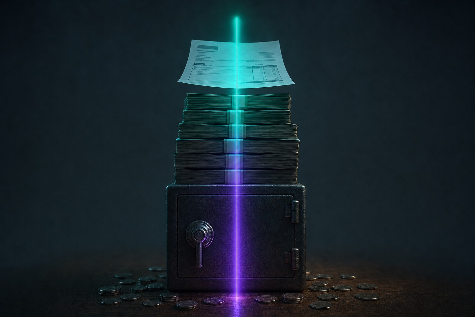 A glowing purple-to-teal light trail runs through the center of a balanced tower of a strongbox, bundled cash, and a single invoice, illustrating how a capital stack holds together when each layer is matched and aligned by permanence.