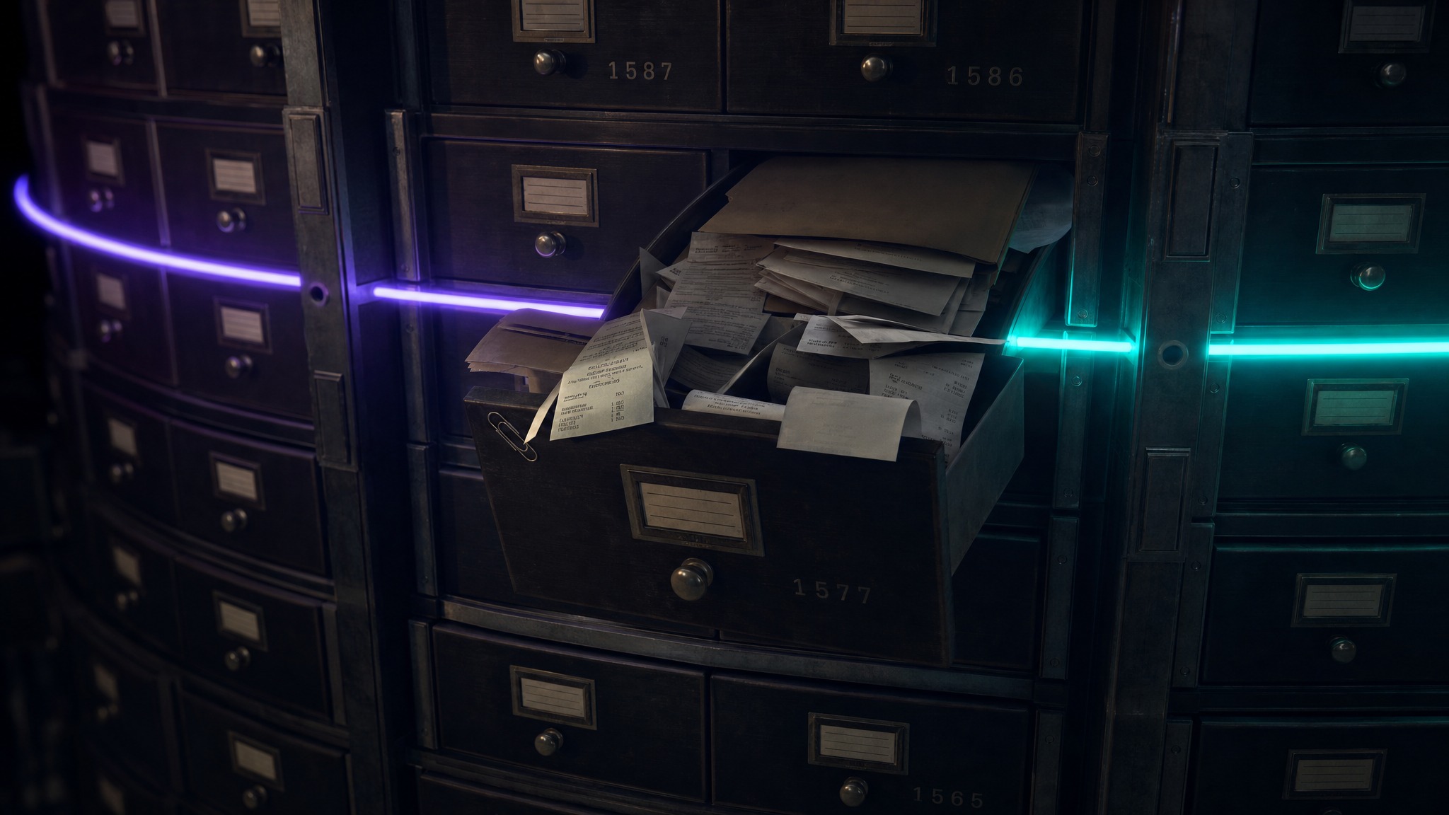 A glowing purple-to-teal light trail threads cleanly through rows of aligned ledger drawers until it is blocked and scattered by a single jammed drawer spilling loose invoices, illustrating how friction blocks a lender's clean read of a business