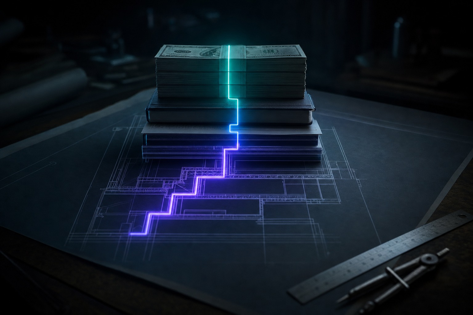 A glowing purple-to-teal line traces the drawn layers of an architectural blueprint up into a matching stack of cash, a ledger, and an invoice built directly on top of it, illustrating how matching, forming, and positioning come together as a single designed capital structure.