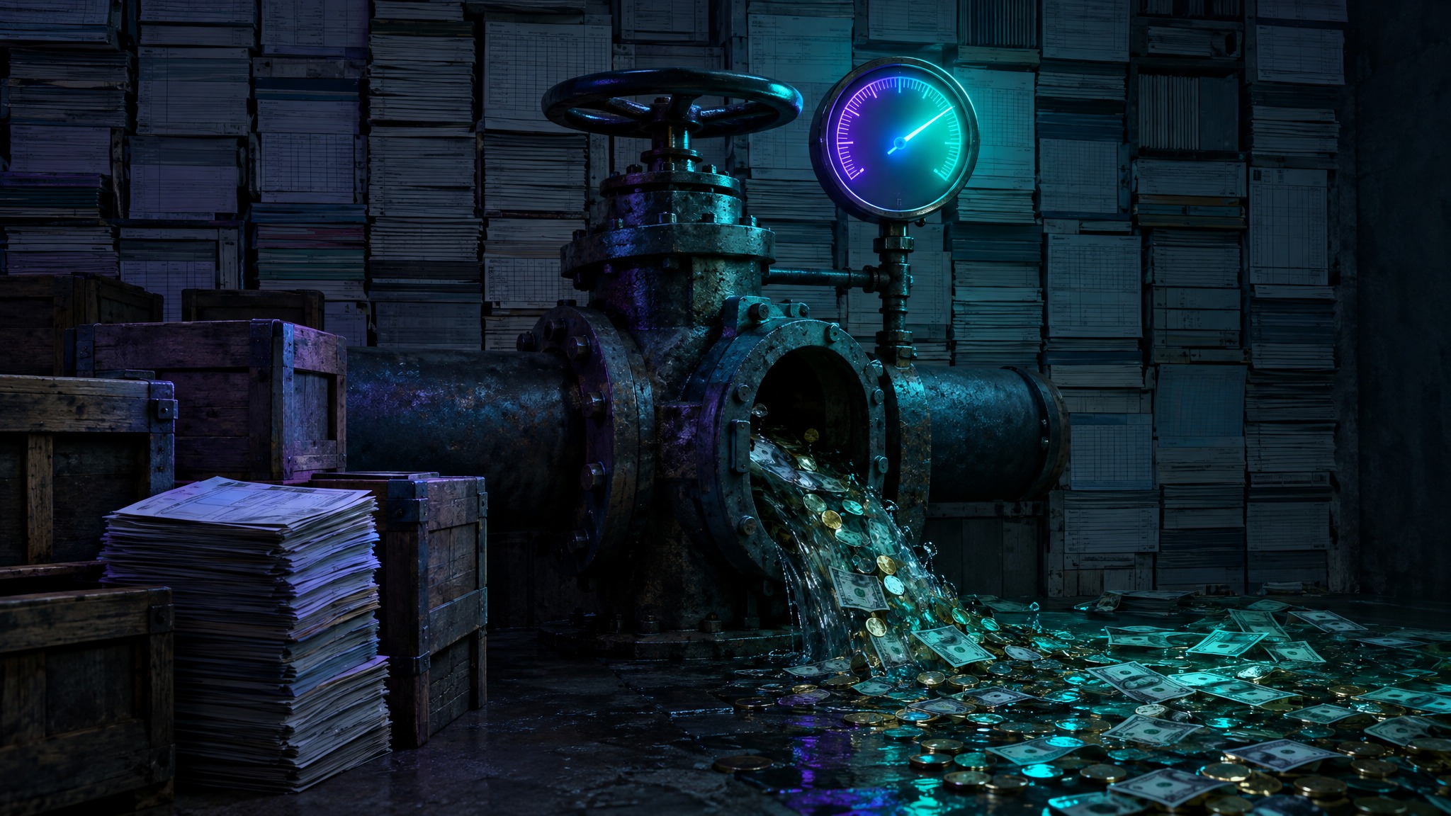 A glowing purple-to-teal pressure gauge on an industrial valve tracks cash flowing between stacked invoices and inventory crates and a pool of coins, illustrating capital that draws and repays with the operating cycle.