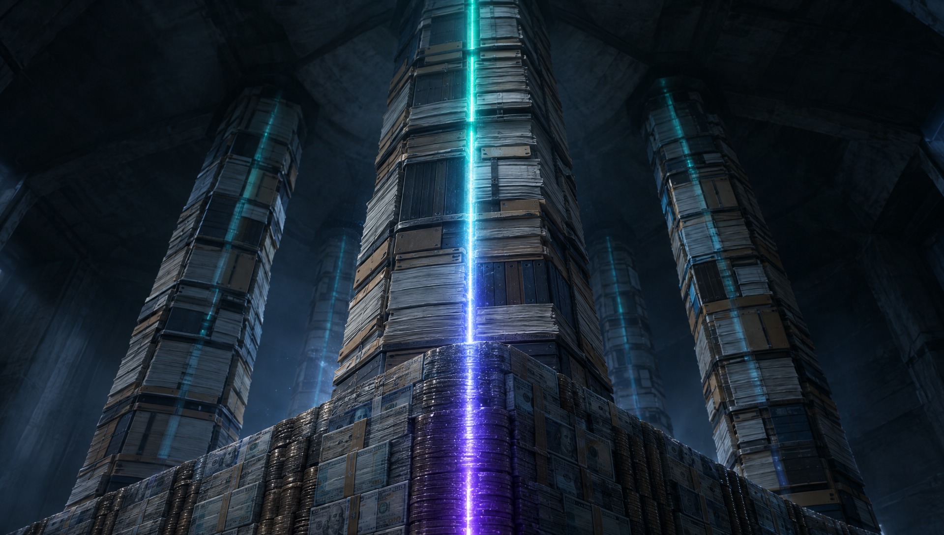 A glowing purple-to-teal seam of light rises through a foundation of stacked currency and coins into pillars built from bound loan ledgers of varying heights, illustrating how term loans and equity fund a business's long-lived and permanent capital needs.