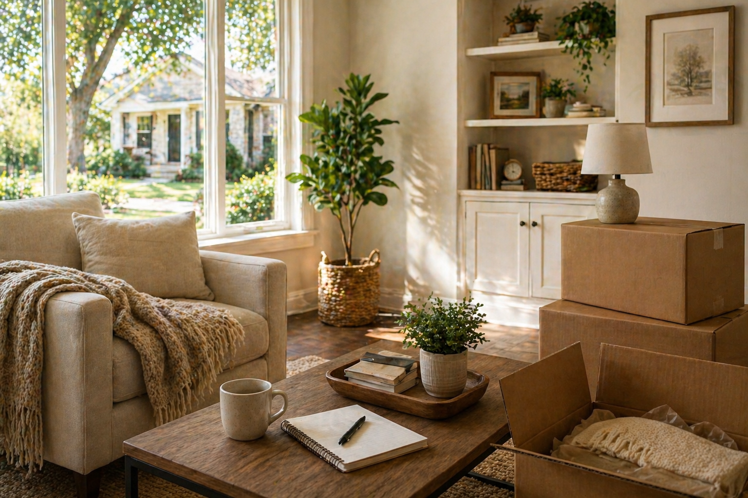 Cozy Central Texas living room with packed boxes and natural light showing early downsizing decision stage